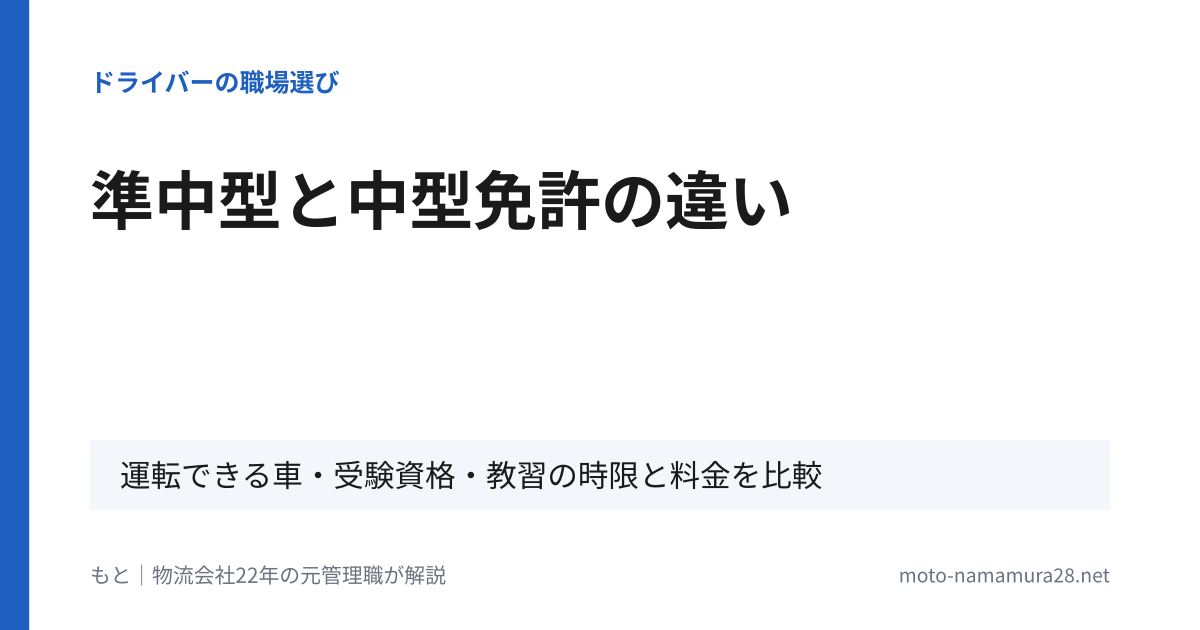 準中型と中型免許の違い。運転できる車・受験資格・教習の時限と料金を比較