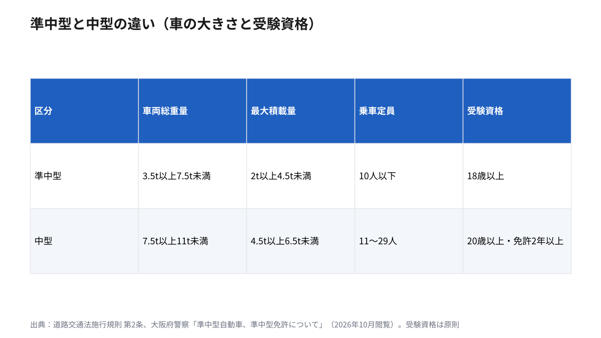 準中型と中型の違い。準中型は車両総重量3.5トン以上7.5トン未満・最大積載量2トン以上4.5トン未満・乗車定員10人以下・18歳以上。中型は車両総重量7.5トン以上11トン未満・最大積載量4.5トン以上6.5トン未満・乗車定員11人以上29人以下・20歳以上で免許期間2年以上