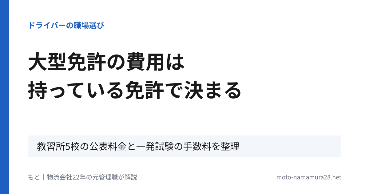 大型免許の費用は持っている免許で決まる。教習所5校の公表料金と一発試験の手数料を整理